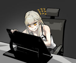 Rule 34 | 1girl, bags under eyes, bare shoulders, black background, black bra, blonde hair, bra, braid, chair, clenched teeth, commentary, desk, drawing, drawing tablet, flying sweatdrops, french braid, gogalking, half updo, highres, junior (gogalking), leaning forward, office chair, original, shirt, simple background, sitting, sleeveless, sleeveless shirt, solo, spaghetti strap, swivel chair, symbol-only commentary, teeth, underwear, white shirt, yellow eyes