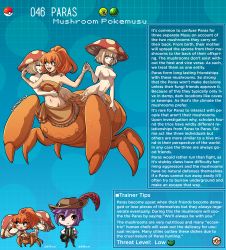 Rule 34 | 1boy, 3girls, artist name, blonde hair, breasts, centauroid, character name, character profile, commentary, conjoined, creatures (company), english commentary, english text, fangs, game freak, gen 1 pokemon, grey eyes, hat, highres, kinkymation, monster girl, multiple girls, mushroom girl, nintendo, no nipples, open mouth, orange hair, paras, personification, poke ball, pokemon, purple hair, small breasts, taur, yellow eyes