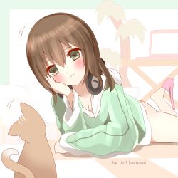 Rule 34 | 1girl, absurdres, animal, blush, breasts, brown hair, cat, cleavage, closed mouth, commentary request, computer, english text, green eyes, green hoodie, hair between eyes, head tilt, headphones, headphones around neck, highres, hood, hood down, hoodie, laptop, lying, medium breasts, non (wednesday-classic), on stomach, original, pillow, pink footwear, plant, slippers, smile, solo, table