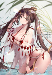 Rule 34 | 1girl, bare shoulders, bikini, breasts, brown eyes, brown hair, cleavage, collarbone, earrings, eyewear on head, fate/grand order, fate (series), hair ornament, highres, jewelry, long hair, looking at viewer, melailai, multiple earrings, open clothes, robe, skindentation, sunglasses, swimsuit, twintails, very long hair, white bikini, yu mei-ren (fate), yu mei-ren (swimsuit lancer) (fate)