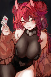 Rule 34 | 1girl, absurdres, bare shoulders, bell, blush, braid, breasts, card, cardigan, cleavage, clothing cutout, commentary, crossed bangs, fang, hair bell, hair between eyes, hair bun, hair ornament, heart, heart-shaped pupils, highres, indie virtual youtuber, large breasts, leotard, long hair, looking at viewer, naokomama, navel, navel cutout, neeko arcaea, off shoulder, oni, open cardigan, open clothes, open mouth, playboy bunny, playing card, pointy ears, red eyes, see-through, skin fang, solo, symbol-shaped pupils, virtual youtuber