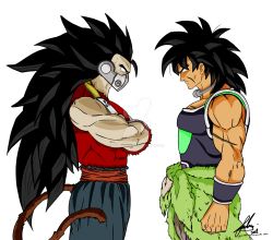 Rule 34 | 10s, 2boys, armor, black hair, bracelet, broly (dragon ball super), capelet, covered mouth, crossed arms, cumber, dark skin, dragon ball, dragon ball heroes, dragon ball super, dragon ball super broly, flat color, from side, highres, jewelry, long hair, male focus, monkey boy, mouth guard, multiple boys, muscular, necklace, paan013, pale skin, red eyes, scar, short hair, simple background, spiked hair, standing, tail, very long hair, white background, wristband, yellow eyes