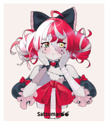 Rule 34 | absurdres, ahoge, artist logo, artist name, bandaged arm, bandages, black bow, black choker, black dress, blush, border, bow, choker, colored skin, double bun, dress, frilled dress, frills, green eyes, grey hair, grey skin, hair bow, hair bun, hands on own face, heart-shaped ornament, heterochromia, highres, hololive, hololive indonesia, kureiji ollie, looking to the side, multicolored eyes, multicolored hair, pink hair, red bow, red eyes, red hair, satsumaroo, simple background, solo, stitched arm, stitched face, stitched torso, stitches, symbol-shaped pupils, torn clothes, torn dress, virtual youtuber, white border, yellow eyes