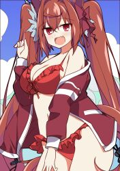 Rule 34 | 1girl, animal ears, bikini, blue sky, blush, bow, breasts, brown hair, cleavage, cloud, cloudy sky, collarbone, commentary request, cowboy shot, daiwa scarlet (trifle vacation) (umamusume), daiwa scarlet (umamusume), fang, frilled bikini, frills, hair between eyes, hair intakes, hair ornament, highres, horse ears, horse tail, jacket, large breasts, long hair, looking at viewer, navel, official alternate costume, open mouth, outdoors, red bow, red eyes, ribbon, skin fang, sky, smile, solo, swimsuit, tail, track jacket, twintails, umamusume, very long hair, wahiko (black bastard)