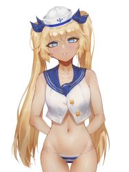 Rule 34 | 1girl, absurdres, arms behind back, bad id, bad pixiv id, blonde hair, blue eyes, blush, breasts, hair ribbon, hat, highres, hsd, last origin, long hair, looking at viewer, navel, panties, parted lips, ribbon, sailor collar, sailor hat, simple background, small breasts, smile, solo, striped clothes, striped panties, thetis (last origin), twintails, underwear, white background