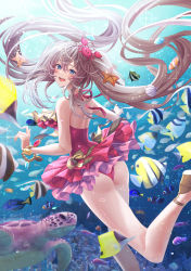 Rule 34 | 1girl, absurdres, ass, bead bracelet, beads, blue eyes, bracelet, crab on head, fate/grand order, fate (series), fish, frilled one-piece swimsuit, frills, grey hair, highres, jewelry, marie antoinette (fate), marie antoinette (fate/grand order), marie antoinette (swimsuit caster) (fate), marie antoinette (swimsuit caster) (first ascension) (fate), moorish idol, one-piece swimsuit, open mouth, pink one-piece swimsuit, regal blue tang, smile, starfish, swimsuit, totomiya, tropical fish, turtle, twintails, underwater