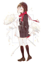 Rule 34 | 1girl, absurdres, additional memory (vocaloid), arm at side, black sailor collar, black serafuku, black skirt, black socks, brown footwear, closed mouth, commentary, english commentary, enpera, facing away, floating scarf, flower, fringe trim, full body, hair between eyes, hair ornament, hairclip, highres, inuinu-s, kagerou project, light blush, loafers, long sleeves, mekakucity actors, neckerchief, petals, red scarf, sailor collar, sailor collar lift, scarf, school uniform, serafuku, shoes, skirt, skirt hold, socks, solo, standing, tateyama ayano, vocaloid, white background, white flower, white neckerchief, wind