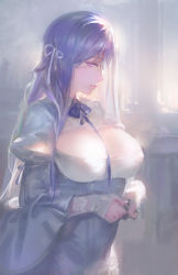 Rule 34 | 1girl, between breasts, blue dress, blue eyes, blue hair, breasts, cleavage cutout, clothing cutout, covered erect nipples, dress, female focus, gradient background, hair rings, juliet sleeves, kishiyo, large breasts, long hair, long sleeves, looking at viewer, matching hair/eyes, mole, mole under eye, pink eyes, pixiv fantasia, pixiv fantasia t, puffy sleeves, revision, shirt, solo, very long hair