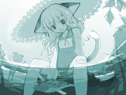 Rule 34 | 1girl, animal ears, arms up, bandaid, bandaid on knee, bandaid on leg, bare shoulders, blue theme, breasts, cat ears, cat tail, feet out of frame, fish, flat chest, from below, hat, kappa, long hair, looking at viewer, monochrome, one-piece swimsuit, original, outdoors, partially submerged, partially underwater shot, pectorals, school swimsuit, sitting, small breasts, solo, straw hat, sun hat, swimsuit, tail, togami masaki, underwater, water
