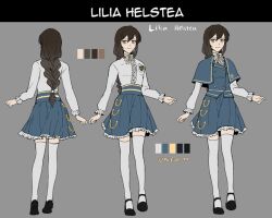Rule 34 | 1girl, blue dress, blue skirt, brown hair, dress, grey background, highres, lilia helstea, long hair, looking at viewer, school uniform, shirt, shoes, simple background, skirt, socks, solo, the beginning after the end, very long hair, white shirt, white socks