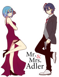 Rule 34 | 1boy, 1girl, :|, biyo, black eyes, black footwear, black pants, blue eyes, blue hair, brown jacket, claire elford, closed mouth, collared shirt, crossed arms, crossed bangs, dress, english text, evening gown, flower, from side, full body, gradient hair, grey vest, gun, hair between eyes, hair flower, hair ornament, hair tubes, handgun, high heels, highres, holding, holding gun, holding weapon, jacket, lapels, leg up, looking at viewer, looking to the side, mr. and mrs. smith, multicolored hair, necktie, notched lapels, pants, parody, purple hair, red dress, red hair, red necktie, shirt, shoes, short hair, side slit, simple background, sleeveless, sleeveless dress, standing, standing on one leg, streaked hair, suit jacket, thigh strap, title parody, vest, weapon, white background, white footwear, white shirt, wilardo adler, witch&#039;s heart