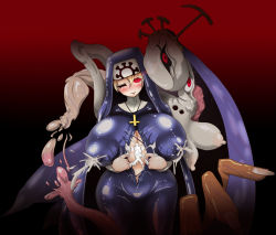 Rule 34 | 1girl, bad id, bad pixiv id, blonde hair, blush, breasts, center opening, cleavage, cross, cross necklace, cum, cum on body, cum on breasts, cum on upper body, double (skullgirls), dual persona, eldritch abomination, gigantic breasts, glowing, glowing eyes, habit, huge breasts, inverted cross, jewelry, lactation, looking at viewer, moumoku pen gin, necklace, nun, one eye closed, red eyes, skullgirls, smile, solo, tearing clothes, tentacles, torn clothes, wide hips