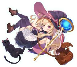Rule 34 | 1girl, bandaid, bandaid on knee, bandaid on leg, black cat, blonde hair, breasts, brown footwear, cat, closed mouth, dress, full body, gloves, hair between eyes, hairband, hat, holding, holding staff, holding weapon, little witch nobeta, long hair, nobeta, official art, phyllis (cat) (little witch nobeta), phyllis (little witch nobeta), purple thighhighs, red eyes, scepter, shoes, simple background, small breasts, staff, straight hair, thighhighs, transparent background, weapon, witch, witch hat, zettai ryouiki