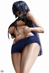 Rule 34 | 1girl, armpits, bare shoulders, black tank top, blue eyes, blue hair, blue shorts, breasts, from below, hands on own hips, highres, holocouncil, hololive, hololive english, large breasts, long hair, looking at viewer, looking down, midriff, navel, ouro kronii, shorts, simple background, solo, standing, steb, stomach, tank top, thighs, underboob, virtual youtuber, wavy mouth, white background