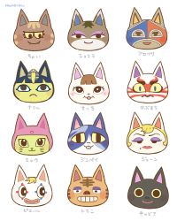 Rule 34 | 4boys, 6+girls, :3, animal crossing, animal ears, ankha (animal crossing), artist name, ayu (mog), black eyes, blonde hair, blue eyes, blue hair, blush, blush stickers, brown hair, buck teeth, cat ears, character name, closed mouth, colored sclera, eyeshadow, fangs, furry, hair ornament, half-closed eyes, happy, japanese text, kabuki (animal crossing), katt (animal crossing), kiki (animal crossing), kitty (animal crossing), light blush, lipstick, looking at viewer, looking to the side, looking up, makeup, mask, meow (animal crossing), merry (animal crossing), moe (animal crossing), mole, mole under mouth, monique (animal crossing), multiple boys, multiple girls, nintendo, pierre (animal crossing), pink eyeshadow, portrait, purple eyeshadow, red lips, short hair, signature, simple background, smile, snake hair ornament, stinky (animal crossing), tabby (animal crossing), teeth, whiskers, white background, yellow sclera