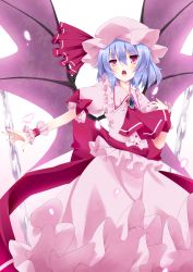Rule 34 | 1girl, absurdres, ascot, bad id, bad pixiv id, bat wings, blue hair, blush, brooch, chain, dress, fangs, female focus, gradient background, hat, highres, jewelry, kurono yuzuko, nail polish, open mouth, pink dress, red eyes, remilia scarlet, short hair, solo, touhou, white background, wings, wrist cuffs