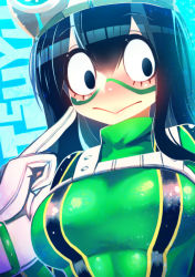 Rule 34 | 1girl, asui tsuyu, black eyes, black hair, bodysuit, boku no hero academia, breasts, closed mouth, facepaint, gloves, goggles, goggles on head, green bodysuit, hair between eyes, hakkasame, highres, large breasts, long hair, looking to the side, solo, upper body, white gloves