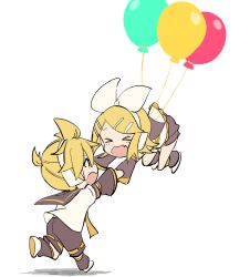 Rule 34 | &gt; &lt;, &gt;o&lt;, arm grab, balloon, blonde hair, bow, closed eyes, detached sleeves, fang, floating, grabbing another&#039;s arm, hair bow, hair ornament, hairclip, headphones, highres, kagamine len, kagamine rin, m0ti, open mouth, sailor collar, short hair, shorts, simple background, skirt, vocaloid, white background