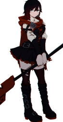 Rule 34 | 1girl, belt, black belt, black footwear, black hair, black skirt, black thighhighs, boots, cape, closed mouth, corset, crescent rose, cross-laced clothes, esu (transc), gradient hair, grey eyes, hair between eyes, highres, holding, holding scythe, holding weapon, knee boots, legs apart, long sleeves, looking at viewer, miniskirt, multicolored hair, multiple belts, red cape, red hair, ruby rose, rwby, scythe, short hair, shrug (clothing), simple background, skirt, solo, standing, thighhighs, torn cape, torn clothes, torn thighhighs, two-tone hair, weapon, white background, zettai ryouiki