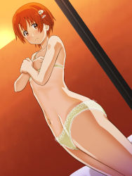 Rule 34 | 1girl, awa, blush, bra, covering privates, covering breasts, dutch angle, embarrassed, from side, hair ornament, inami mahiru, lace, lace-trimmed bra, lace-trimmed panties, lace trim, looking at viewer, orange hair, panties, short hair, solo, standing, underwear, underwear only, working!!, yellow bra, yellow panties