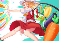 Rule 34 | 1girl, absurdres, alternate wings, ascot, attack, bell pepper, carrot, corn, eggplant, fang, feet out of frame, fighting stance, flandre scarlet, food, from side, green background, green pepper, hat, highres, lettuce, mob cap, mwzika, open mouth, pepper, puffy short sleeves, puffy sleeves, red eyes, red pepper, red skirt, red vest, shirt, short sleeves, skin fang, skirt, skirt set, solo, thick thighs, thighs, tomato, touhou, vegetable, vest, white background, white hat, white shirt, wings, yellow ascot, yellow pepper