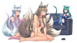 Rule 34 | 3girls, :o, absurdres, afba, ahoge, animal ear fluff, animal ears, bare shoulders, black skirt, breasts, brown hair, cat ears, cat girl, cat tail, cleavage, collarbone, commission, couch, elbow gloves, fox girl, gloves, hair between eyes, highres, large breasts, long hair, looking at another, lying, medium breasts, multiple girls, multiple tails, navel, nude, on couch, on side, original, pink gloves, sitting, skirt, tail, white hair