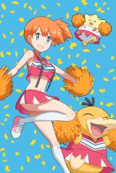 Rule 34 | 1girl, absurdres, aqua eyes, bare arms, blue background, body blush, breasts, cheerleader, clothed pokemon, commentary request, confetti, creatures (company), eyelashes, game freak, gen 1 pokemon, gen 2 pokemon, highres, holding, holding pom poms, kneehighs, knees, leg up, looking at viewer, misty (pokemon), navel, nintendo, orange hair, outstretched arm, parted lips, pink footwear, pink shirt, pink skirt, pokemoa, pokemon, pokemon (anime), pokemon (classic anime), pokemon (creature), pom pom (cheerleading), pom poms, psyduck, shiny skin, shirt, shoes, short hair, skirt, sleeveless, sleeveless shirt, smile, sneakers, socks, suspender skirt, suspenders, togepi, white socks