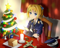Rule 34 | 1girl, :3, alcohol, bf 109, blonde hair, blue eyes, blush, bow, bread, candle, chair, christmas, christmas tree, cigarette, cigarette pack, cross, cup, curtains, drinking glass, epaulettes, food, german text, gift, hair bow, hat, indoors, iron cross, long hair, looking at viewer, military, military uniform, model, necktie, original, phanc, plate, ponytail, sitting, smile, solo, star (symbol), table, uniform, wine, wine glass, world war ii