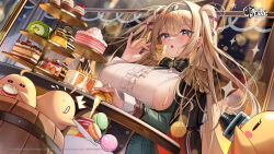 Rule 34 | 1girl, absurdres, aiguillette, azur lane, black bow, black bowtie, black coat, black hairband, blonde hair, blue eyes, blurry, blush, bokeh, bow, bowtie, breasts, cake, camera, coat, coat on shoulders, copyright name, cowboy shot, cupcake, depth of field, eating, epaulettes, food, food on body, food on breasts, food on face, furrowed brow, gorizia (azur lane), green jacket, green skirt, hair intakes, hairband, highres, jacket, large breasts, logo, long hair, long sleeves, looking at viewer, macaron, manjuu (azur lane), meion, official art, open mouth, pleated skirt, pudding, shirt, sideboob, sitting, skirt, solo, spilling, swiss roll, table, tiered tray, two side up, watermark, white shirt