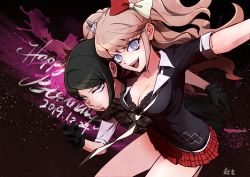 Rule 34 | 2girls, animal hair ornament, arm around head, arm up, artist request, black bra, black eyeliner, black gloves, black hair, black skirt, blonde hair, blue eyes, bow, bra, bra peek, breasts, camouflage, camouflage vest, cleavage, closed mouth, coat, collarbone, collared shirt, danganronpa: trigger happy havoc, danganronpa (series), danganronpa 3 (anime), dated, english text, enoshima junko, eyeliner, gloves, grey eyes, hair bow, hair ornament, hand on another&#039;s face, hand on another&#039;s head, hand up, happy birthday, head, highres, hug, ikusaba mukuro, jacket, knees up, lace, lace-trimmed bra, lace bra, lace trim, large breasts, legs, long eyelashes, long hair, looking at viewer, military, military coat, military jacket, miniskirt, multicolored bow, multiple girls, open mouth, parted bangs, plaid, plaid skirt, pleated, pleated skirt, print skirt, print vest, rabbit hair ornament, red bow, red skirt, selfie, shirt, short sleeves, siblings, signature, sisters, skirt, source request, star (sky), star (symbol), starry background, teeth, tongue, twins, twintails, underwear, underwear peek, upper teeth only, vest, white bow, white shirt