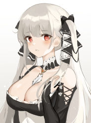 Rule 34 | absurdres, azur lane, bad id, bad pixiv id, bare shoulders, between breasts, between fingers, black bow, black dress, black ribbon, black sleeves, blunt bangs, blush, bow, breasts, bridal gauntlets, cleavage, collar, commentary request, criss cross sleeves, detached collar, detached sleeves, dress, earrings, eyebrows, formidable (azur lane), frilled dress, frills, from side, gothic lolita, hair between hand, hair bow, hair ribbon, hand on own shoulder, head tilt, highres, holding, jewelry, kyo (maae00), large breasts, lolita fashion, long hair, long sleeves, looking at viewer, parted lips, platinum blonde hair, red eyes, ribbon, sidelocks, simple background, solo, teeth, twintails, two-tone bow, two-tone dress, very long hair, white background, white bow, white dress