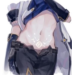 Rule 34 | 1boy, albedo (genshin impact), androgynous, black pants, chinese commentary, clothes lift, commentary request, genshin impact, highres, jacket, lower body, male focus, midriff, navel, pants, partially unbuttoned, pazhi (1076218251), pubic tattoo, shirt lift, simple background, solo, stomach, tattoo, white background, white jacket
