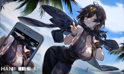 Rule 34 | 1girl, ;), absurdres, ahoge, azur lane, bangle, beach, black hair, blue eyes, bracelet, breasts, cellphone, chinese commentary, cleavage, commentary request, cowboy shot, day, dutch angle, earrings, finger gun, fisheye, georgia (azur lane), georgia (south town pearl) (azur lane), grin, hair between eyes, han-0v0, highres, jacket, jacket over shoulder, unworn jacket, jewelry, large breasts, long hair, necklace, one eye closed, outdoors, phone, pointing, pointing at viewer, smartphone, smile, solo focus, weibo watermark, wristband