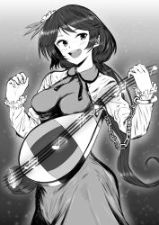 Rule 34 | 1girl, :d, absurdres, biwa lute, blurry, blurry background, bokeh, breasts, chain, commentary request, cowboy shot, depth of field, dress, flower, greyscale, hair flower, hair ornament, highres, holding, holding instrument, instrument, long hair, looking to the side, low ponytail, lute (instrument), medium breasts, monochrome, musical note, open mouth, sen (daydream 53), smile, solo, standing, touhou, tsukumo benben, very long hair