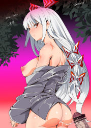 Rule 34 | 1girl, 2013, aftersex, ass, back, bar censor, bottomless, bow, breasts, censored, clothes pull, cum, cum on ass, cum on body, cum on lower body, cum string, dated, fujiwara no mokou, gradient background, hair bow, hair ribbon, large breasts, long hair, looking back, nipples, nyuu (manekin-eko), penis, pink background, pointless censoring, red eyes, resolution mismatch, ribbon, shirt pull, silver hair, solo, solo focus, source smaller, touhou