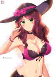 Rule 34 | 1girl, artist name, bikini, bikini top only, breasts, brown hair, chinchongcha, cleavage, closed mouth, dorothea arnault, fire emblem, fire emblem: three houses, fire emblem heroes, green eyes, hat, highres, large breasts, long hair, looking at viewer, navel, nintendo, simple background, smile, solo, swimsuit, upper body, white background