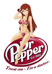 Rule 34 | 1girl, bikini, blue eyes, breasts, brown hair, dr pepper, drawfag, dripping, groin, highres, long hair, makise kurisu, pouring, product placement, revision, side-tie bikini bottom, small breasts, solo, steins;gate, swimsuit, transparent background