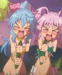 Rule 34 | &gt; &lt;, 2girls, animated, animated gif, blue hair, bracelet, cucumber, closed eyes, hair ornament, hii-chan, jewelry, mermaid, monster girl, multiple girls, namiuchigiwa no muromi-san, pink hair, ponytail, seashell, sexually suggestive, shell, sumida-san, twintails