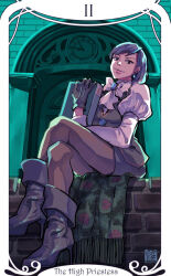 1girl ace_attorney ace_attorney_investigations ankle_boots arm_on_own_leg ascot black_gloves black_skirt black_vest book boots bow brick_wall card_(medium) clock crossed_legs door earrings franziska_von_karma from_below full_body gloves grey_hair hand_up high_heels holding holding_book jewelry juliet_sleeves long_sleeves pantyhose puffy_sleeves saginoko short_hair sitting_on_wall skirt smile solo tarot tarot_(medium) the_high_priestess_(tarot) vest white_ascot white_bow