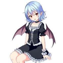 Rule 34 | 1girl, absurdres, bat wings, black shirt, black skirt, blouse, blue hair, collarbone, fang, highres, junior27016, miniskirt, open mouth, pointy ears, puffy short sleeves, puffy sleeves, red eyes, remilia scarlet, shirt, short sleeves, sitting, skirt, skirt set, solo, touhou, wings