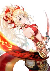 Rule 34 | 1girl, bare shoulders, blonde hair, bracelet, breasts, closed mouth, echidna (p&amp;d), eyelashes, fingernails, gloves, green eyes, hair ornament, holding, holding sword, holding weapon, jewelry, long hair, looking up, medium breasts, navel, ponytail, puzzle &amp; dragons, say hana, simple background, single glove, solo, standing, sword, thighhighs, thighs, weapon, white background