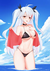 Rule 34 | 1girl, :d, antenna hair, artist name, azur lane, bikini, black bikini, black ribbon, blush, breasts, brown eyes, choker, cleavage, cloud, cloudy sky, covered erect nipples, dasoey, day, hair ribbon, highres, large breasts, long hair, looking at viewer, multicolored hair, navel, ocean, open mouth, partially submerged, prinz eugen (azur lane), prinz eugen (unfading smile) (azur lane), red hair, ribbon, side-tie bikini bottom, silver hair, sky, smile, streaked hair, swimsuit, two side up, wading, water