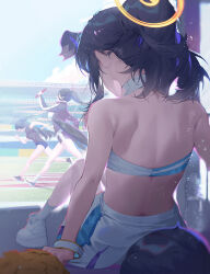 Rule 34 | 3girls, animal ears, back, bare shoulders, black hair, black shirt, black wings, blue archive, blue buruma, blue sky, bracelet, breasts, buruma, cheerleader, cloud, crop top, dog ears, dog girl, dog tail, fajyobore, from behind, gym uniform, hair between eyes, halo, hasumi (blue archive), hasumi (track) (blue archive), hibiki (blue archive), hibiki (cheer squad) (blue archive), highres, holding, jacket, jewelry, large breasts, long hair, millennium cheerleader outfit (blue archive), multiple girls, official alternate costume, outdoors, pom pom (cheerleading), ponytail, relay baton, relay race, running, running track, shirt, shoes, short sleeves, shorts, shoulder blades, skirt, sky, solo, tail, track jacket, wings, yuuka (blue archive), yuuka (track) (blue archive)
