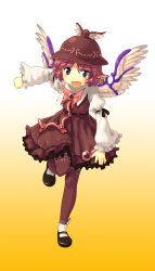 Rule 34 | 1girl, animal ears, bad id, bad pixiv id, earrings, female focus, full body, gradient background, hat, highres, jewelry, mary janes, mystia lorelei, pink hair, shiba itsuki, shoes, short hair, solo, thighhighs, touhou, wings