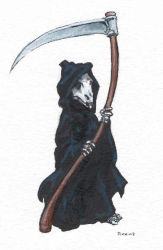 Rule 34 | artist name, bone, cloak, creature, death of rats, discworld, full body, holding, holding weapon, hollow eyes, hood, hooded cloak, no humans, pika-la-cynique, scythe, simple background, skeleton, weapon, white background