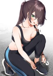 Rule 34 | 1girl, :d, absurdres, bare arms, bare shoulders, black footwear, blush, bracelet, breast press, breasts, brown hair, cleavage, collarbone, eyes visible through hair, green eyes, hair over one eye, highres, itohana, jewelry, long hair, looking at viewer, medium breasts, on one knee, open mouth, original, pants, ponytail, road, shoes, smile, solo, sports bra, street, tongue, tongue out, tying footwear, yoga pants