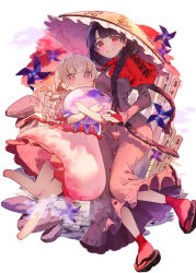 Rule 34 | 2girls, arm up, barefoot, black footwear, black hair, blonde hair, blush, braid, breasts, buttons, capelet, closed mouth, cloud, cloudy sky, dress, ebisu eika, flying, frills, gradient sky, grey dress, hair ornament, hand on another&#039;s shoulder, hands up, hug, jellyfish, jellyfish shaped pupils, leg up, long hair, long sleeves, looking at viewer, medium breasts, multiple girls, okobo, pink eyes, pink sky, purple sky, red capelet, red eyes, red ribbon, red socks, ribbon, rock, sandals, short hair, sky, smile, socks, sunset, symbol-shaped pupils, syuri22, touhou, twin braids, white background, white dress, yatadera narumi, yellow sky
