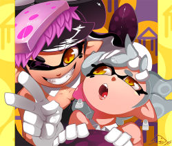 Rule 34 | + +, 2girls, artist name, bare shoulders, breasts, callie (splatoon), cleavage, dated, detached collar, earrings, fangs, female focus, gloves, grey hair, grin, half-closed eye, hand on another&#039;s head, hand up, hands up, happy, holding another&#039;s hair, inkling, jewelry, long hair, looking at another, looking at viewer, looking to the side, marie (splatoon), mole, mole under eye, multiple girls, nintendo, object on head, one eye closed, open mouth, outside border, pillarboxed, pointy ears, purple hair, shnider, siblings, sisters, small breasts, smile, splatoon (series), splatoon 1, swept bangs, teeth, tentacle hair, tentacles, twintails, uneven eyes, upper body, v, watermark, white gloves, wink, yellow eyes