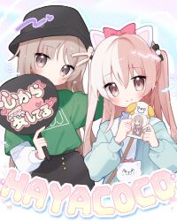 2girls :o animal_ears black_bow black_hat black_pants blue_jacket blush bow brown_eyes bucket_hat buttons cat_ears couple d4dj english_text fake_animal_ears green_shirt hair_between_eyes hair_ornament hand_fan hat headband heart high-waist_pants highres holding jacket kumano_shota light_brown_hair long_sleeves looking_at_viewer multicolored_hair multiple_girls pants paper_fan pastel_colors photo_(object) picture_frame pink_hair pixels pom_pom_(clothes) pom_pom_hair_ornament shirt simple_background smile swept_bangs t-shirt turtleneck two-tone_hair two_side_up uchiwa v v_over_head white_hair white_shirt