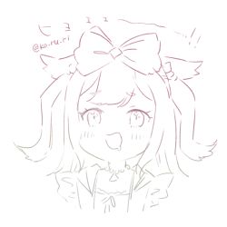 Rule 34 | 1girl, :d, agnes digital (umamusume), animal ears, blush, bow, cropped torso, drooling, hair bow, horse ears, koruri, long hair, lowres, open mouth, saliva, shirt, short eyebrows, simple background, sketch, smile, solo, thick eyebrows, translation request, two side up, umamusume, upper body, white background